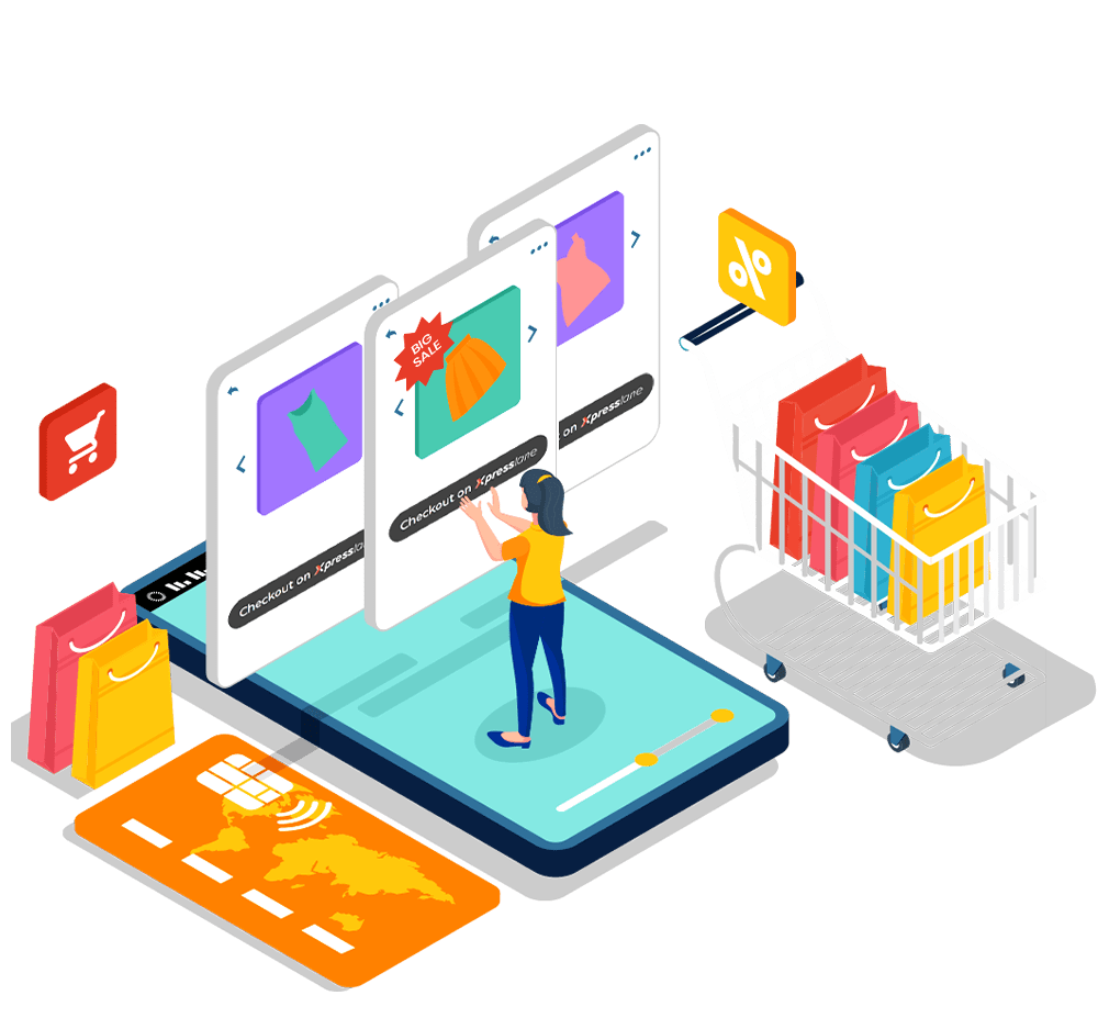 An isometric image that shows a woman standing above the smartphone checks out with Xpresslane using a big-screen touch panel surrounded by credit card, shopping cart, discount percentage, shopping bags, and so on