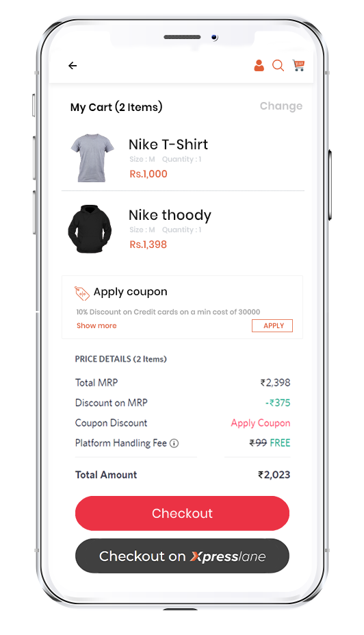 A mobile that displays the cart items such as Nike T-Shirt and Nike thoody which can be done by either normal checkout or Xpresslane checkout
