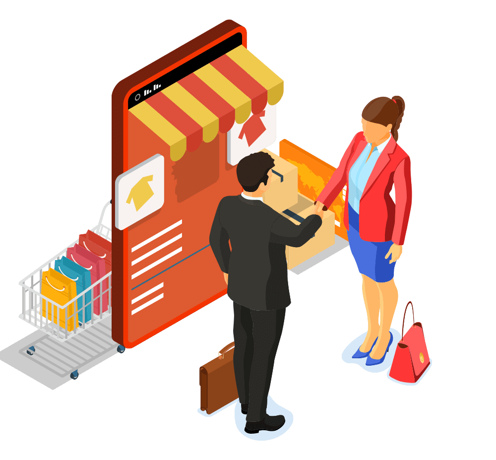 An isometric image that shows 4 people who are ready to shake hands with the Xpresslane businessman to build partnership surrounded by dollar coins, credit cards, laptop, shopping bag, secure symbol, and so on