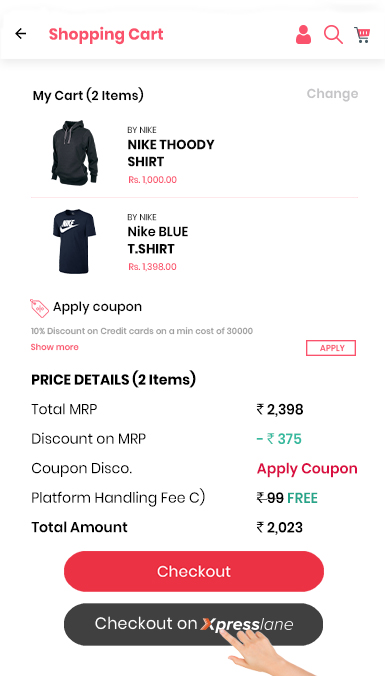 A mobile that displays the cart items such as Nike Thoody Shirt and Nike Blue T-Shirt which can be checked out using Xpresslane