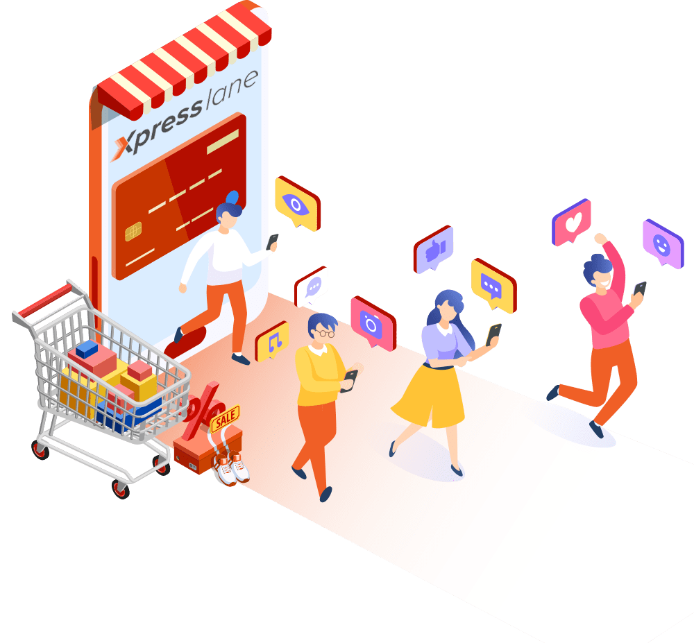 An isometric image that shows people walking happily using the Xpresslane surrounded by reacts, sms, shopping cart, credit card, discount percentage, shoes, and so on
